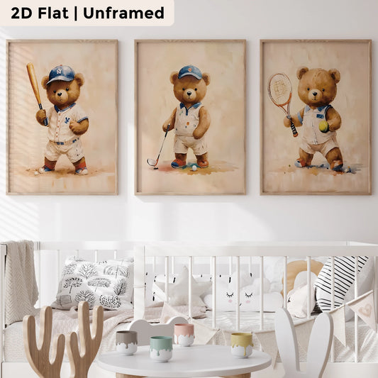 3-Piece Cartoon Baseball Bear Canvas Wall Art | Kids Room Canvas Wall Art Peaceful Pleasures Health and Wellness CH196-3pcs 50x70cm Unframed