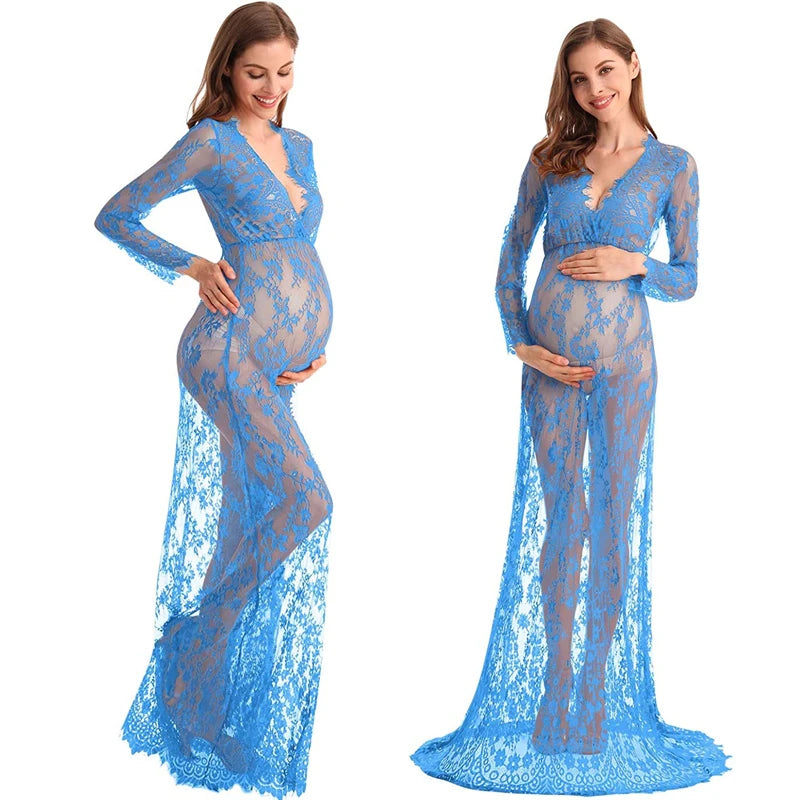 Sexy Deep V-Neck Long Sleeve Lace Beach See-Through Maternity Maxi Dress Douche de bébé Photographie de vêtements de maternité Peaceful Pleasures Health and Wellness Light blue S China Mainland