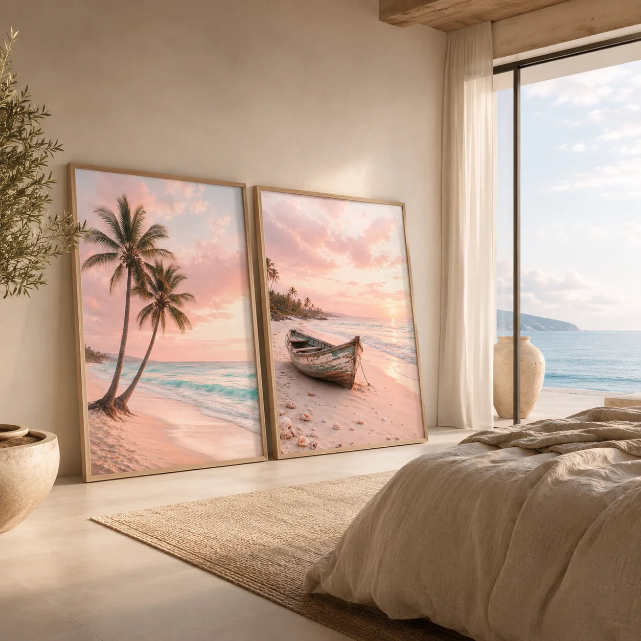 Nordic Coastal Beach Wall Art Pink Sunset Canvas Painting Tropical Ocean Palm Tree Poster Print Living Room Decor Peaceful Pleasures Health and Wellness