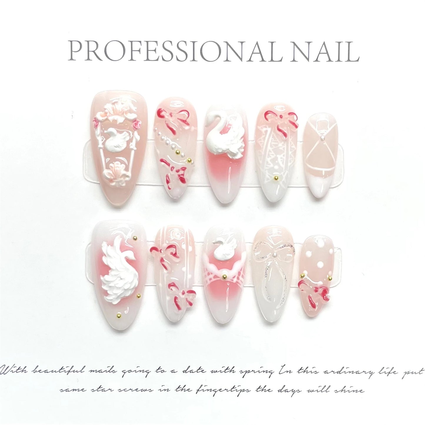 Light Pink Almond Press On Nails | 3D Swan French Tips