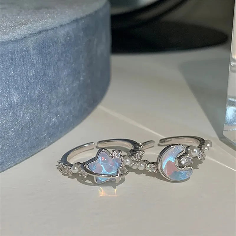 Exquisite Blue Star Moon Zircon Ring for Women Niche Design Accessory Peaceful Pleasures Health and Wellness
