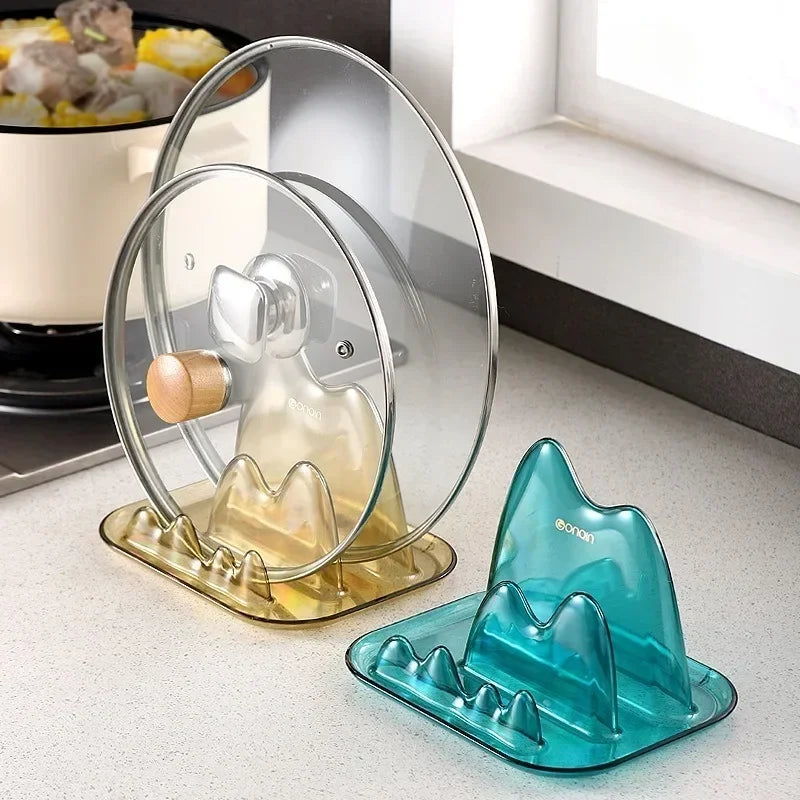 Pot Cover Shelf Plastic Countertop Double-layer Sitting Style No Drilling Shovel Pot Cover Board Rack Kitchen Organizer Home Peaceful Pleasures Health and Wellness