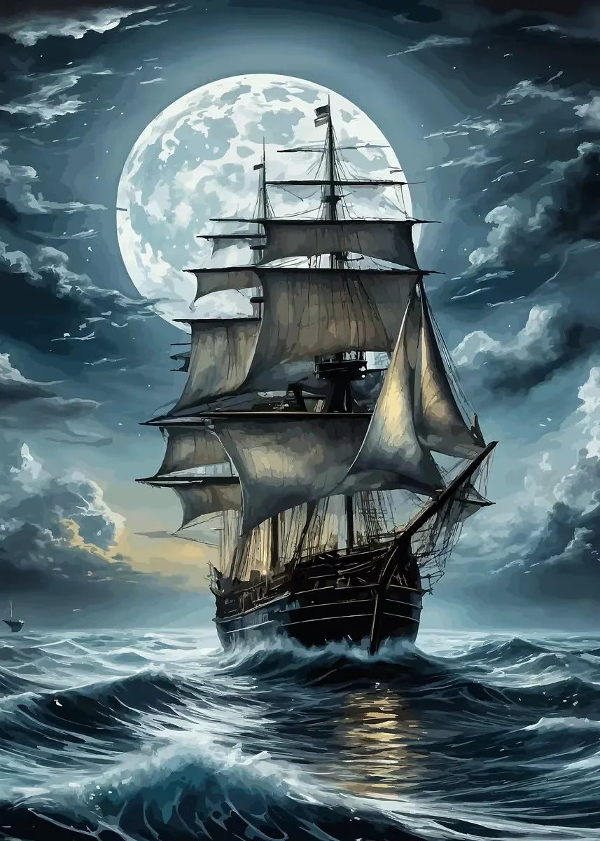 Pirate Ship Sailboat Sailing Ocean Moon Canvas Painting Poster Wall Picture Print for Living Room Home Decor Peaceful Pleasures Health and Wellness P2 40x50cm Unframed