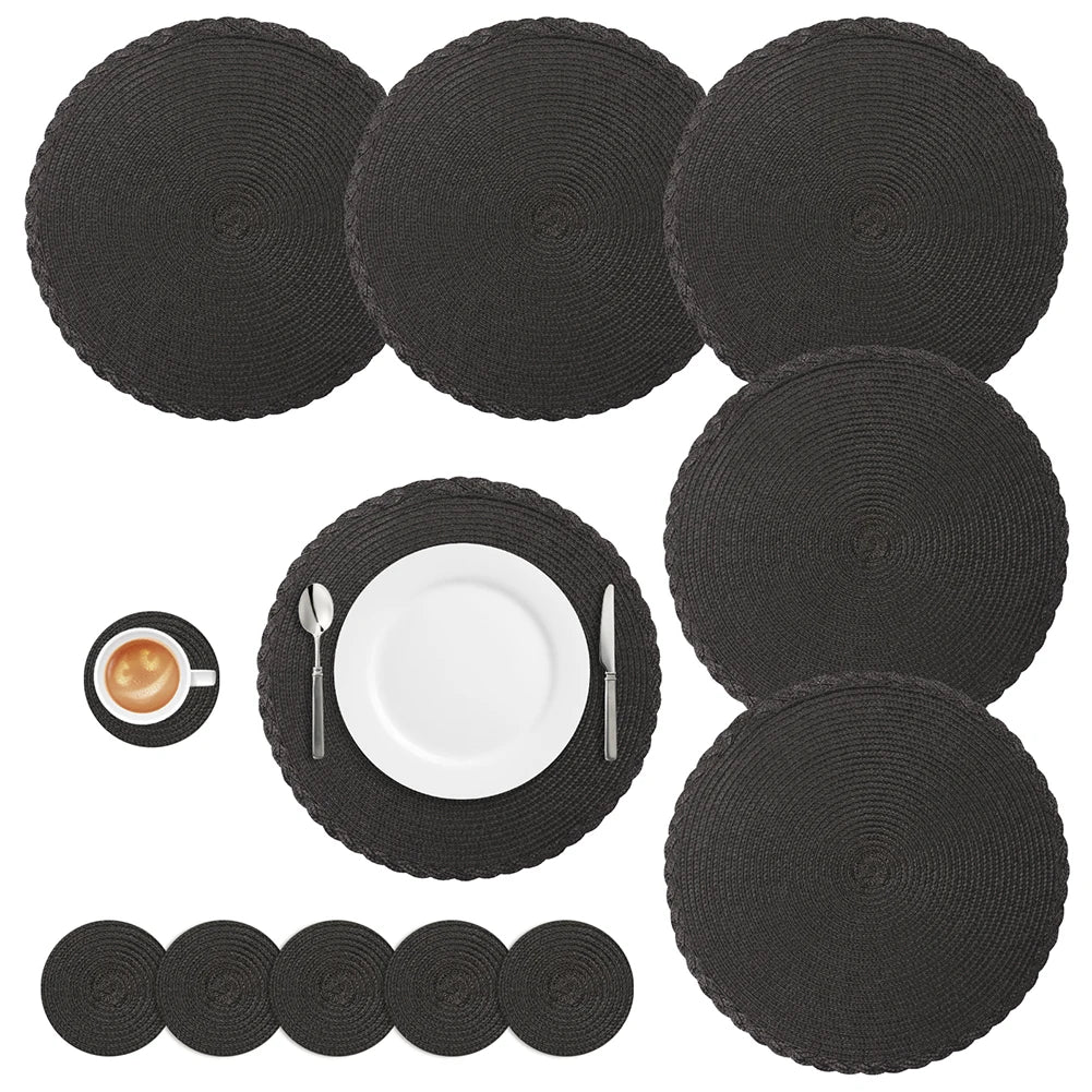 Round Braided Set of 6 Washable Round Placemats for Christmas Kitchen Wedding Dining Table 34cm Woven Heat Resistant Place Mats Peaceful Pleasures Health and Wellness BLACK 3 sets Round