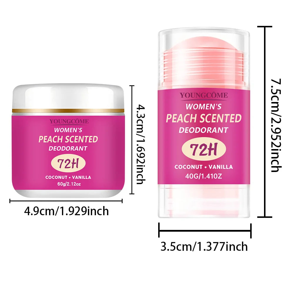 Women's Peach Scented Deodorant 72H Lasting Armpit Deodorizer Effective Body Odor Removal Sweat Eliminator Underarm Odor Peaceful Pleasures Health and Wellness 60g-40g