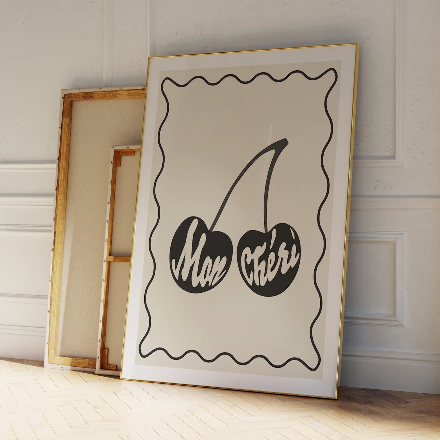 Mon Cheri Cherry Black & Cream Canvas Wall Art Print