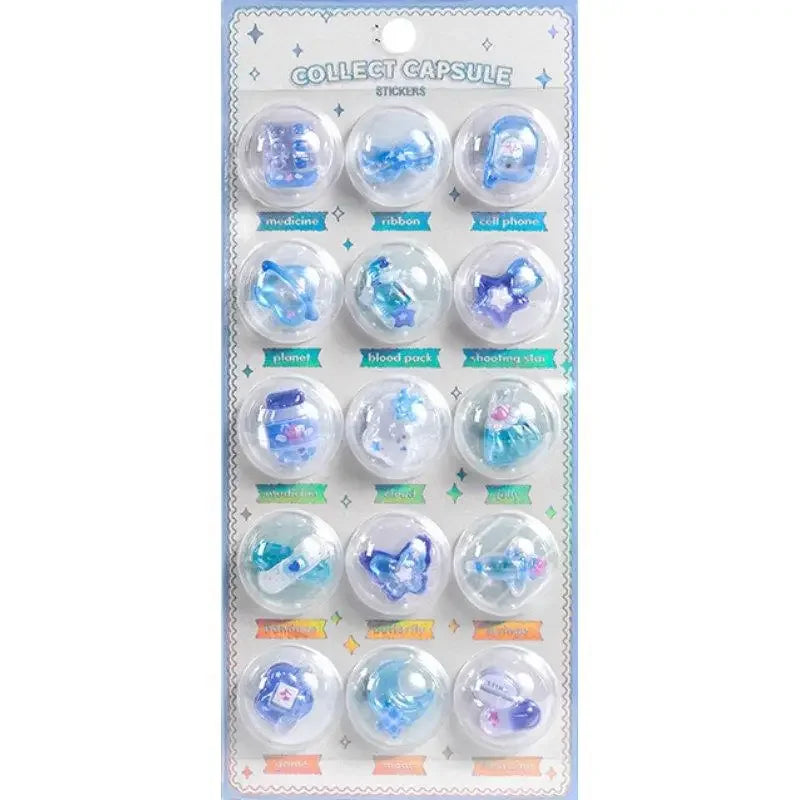 Creative 3D Capsule Embossed Crystal Sticker Kawaii 3D Relief Stickers Scrapbooking DIY Journal Cute Stationery School Sticker Peaceful Pleasures Health and Wellness 01