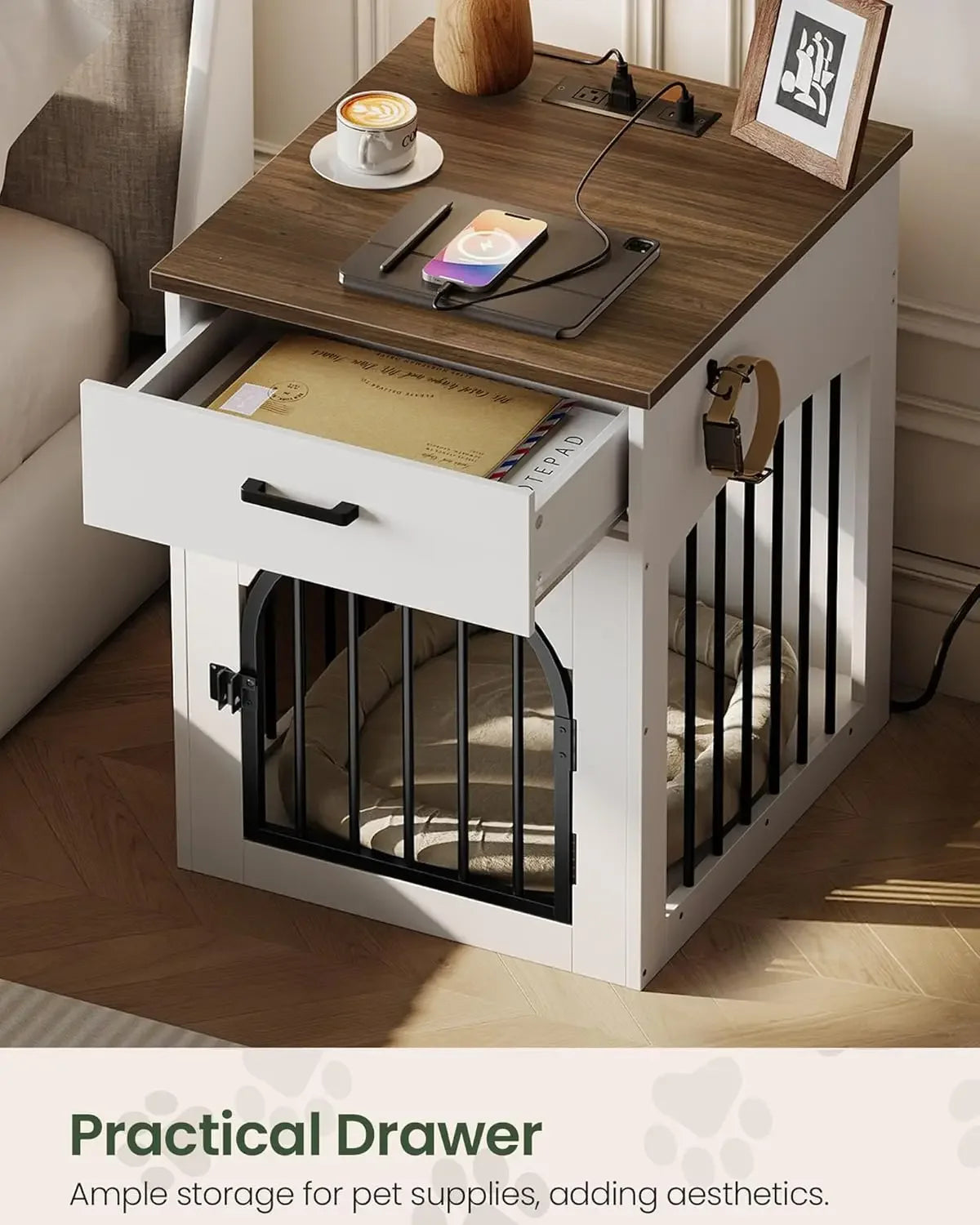 Wooden Dog Crate Furniture with Charging Station, Storage Drawer, End Table for Small Breeds in White and Walnut Peaceful Pleasures Health and Wellness