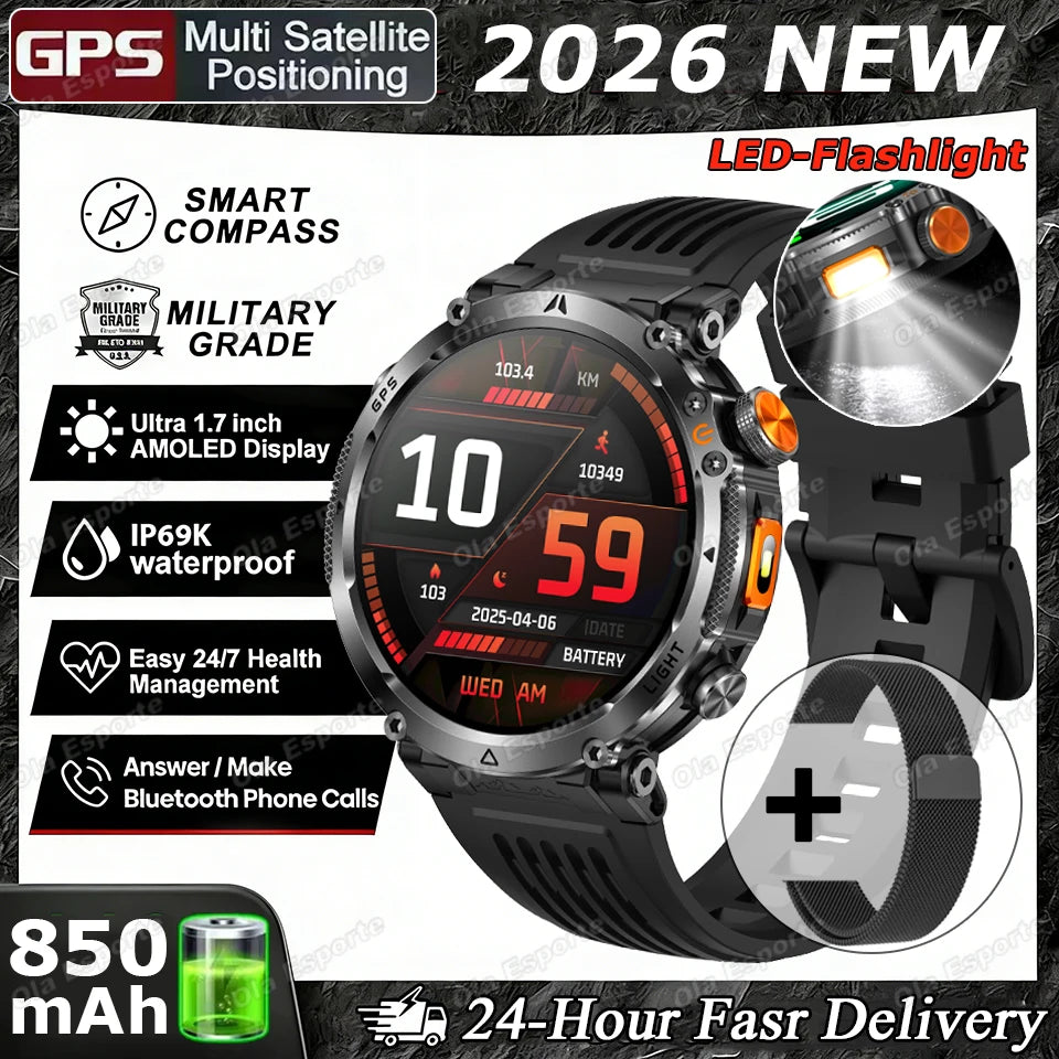2026 Military Outdoor Smart Watch Men Dual-Frequency High-Precision Positioning Compass Sports IP68 Waterproof GPS Smartwatch Peaceful Pleasures Health and Wellness Bk22Milan