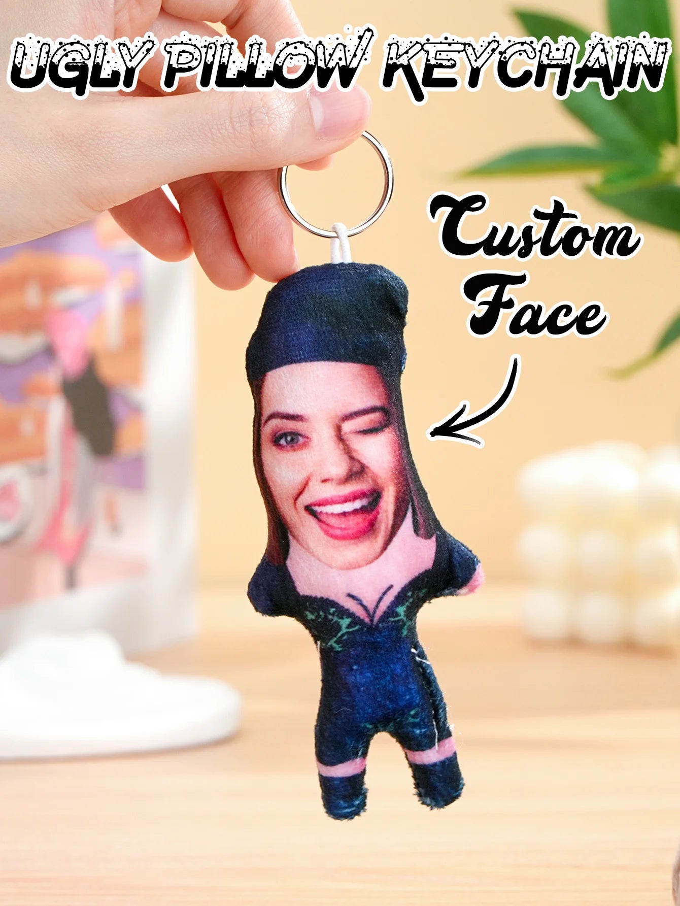 1pc Custom Face Pillow Keychain Funny Ugly Plush Keychain Custom Photo Keyring Gift For Friends Family Boyfriend Girlfriend Peaceful Pleasures Health and Wellness Style 10 6x12cm