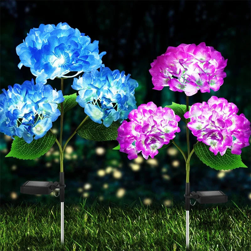 Solar Hydrangea Stake Lights 3-Head Blue Flower Garden Decor
