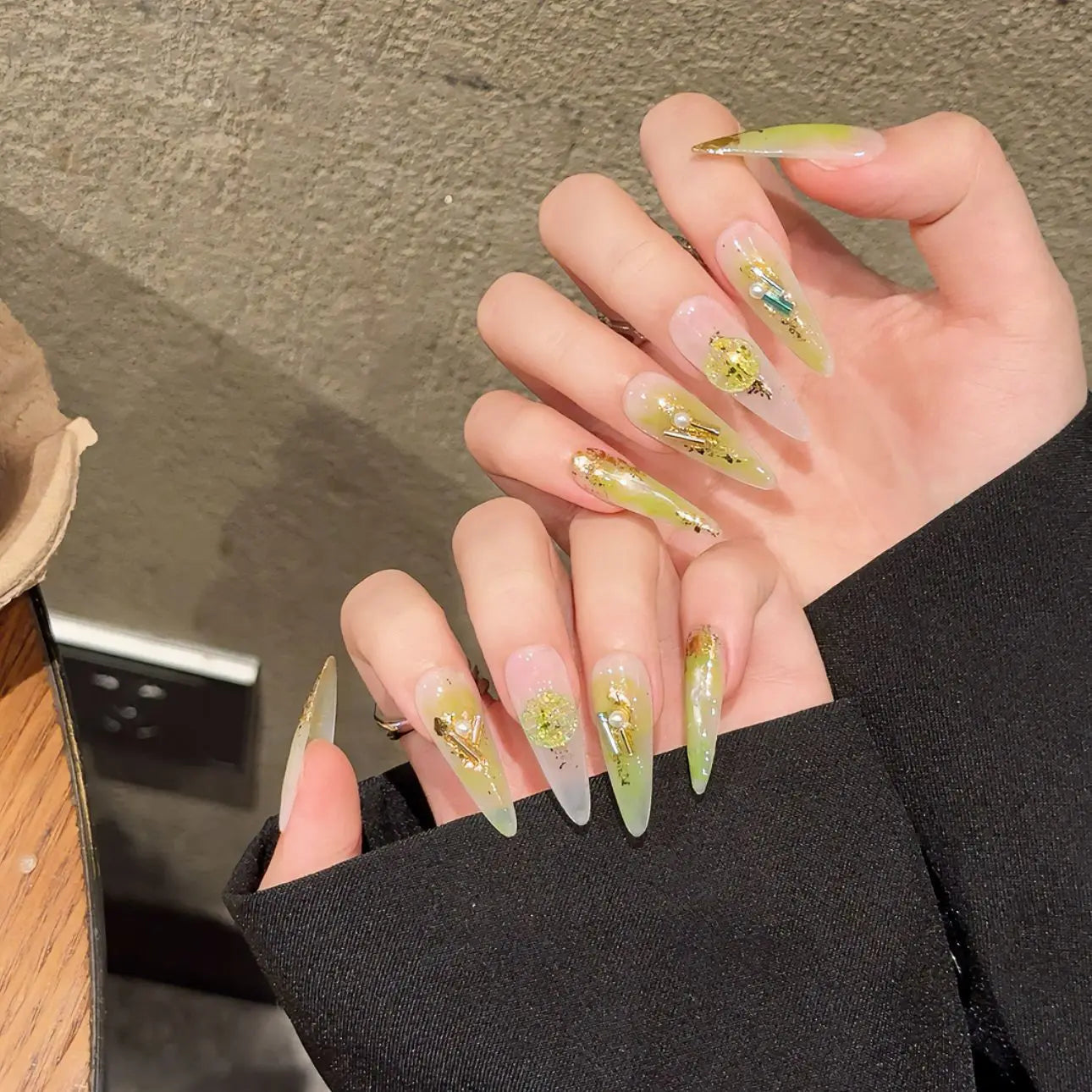 Handmade Press on Nails Golden Mirror Long Pointed Fake Nail Tips for Women Wearable Detachable Gold Foil Fashion False Nails Peaceful Pleasures Health and Wellness