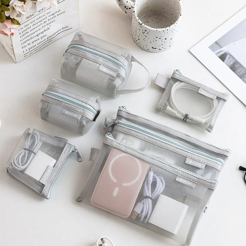 6-Piece Zipper Mesh Makeup Bags | Clear Travel Organizer Set