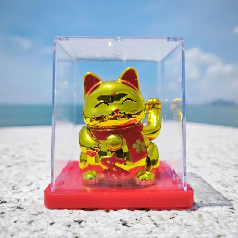 Solar Waving Lucky Cat Ornament | Mini 2" Desk Fortune Décor