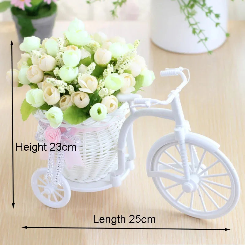 Silk Rose Artificial Flowers Bicycle Vase Desktop Bonsai Decor