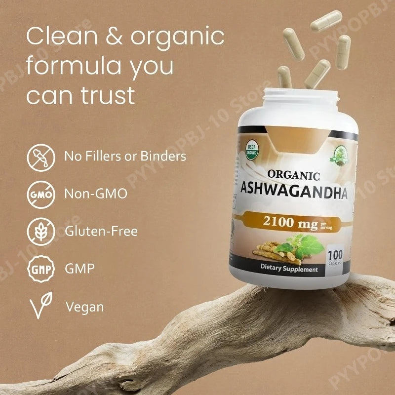 Organic Ashwagandha Capsules | Root Powder & Extract 100 Ct