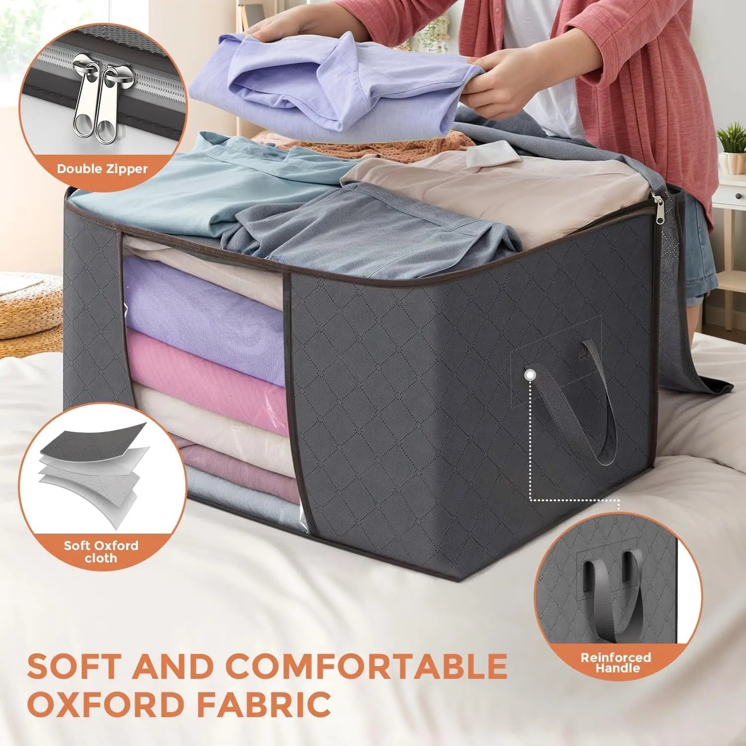 90L Foldable Storage Bags 6-Pack – Reinforced Handle for Clothes & Blankets, Gray Storage Bag Peaceful Pleasures Health and Wellness