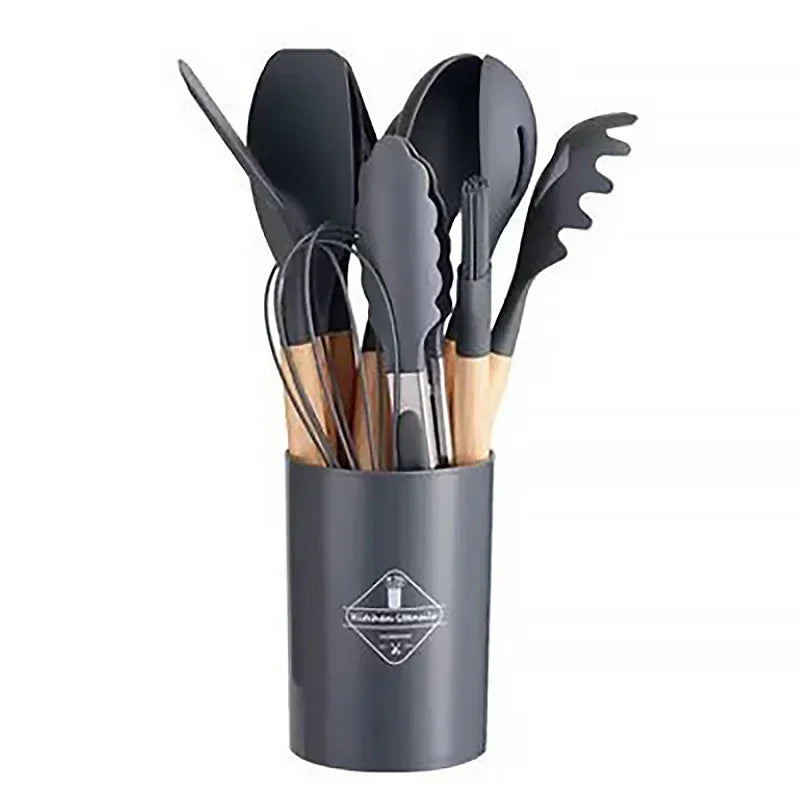 12Pcs Silicone Kitchen Cooking Utensils Set Wooden Handle Cooking Tool Non-stick Cookware Spatula Shovel Egg Kitchenware Beaters Peaceful Pleasures Health and Wellness