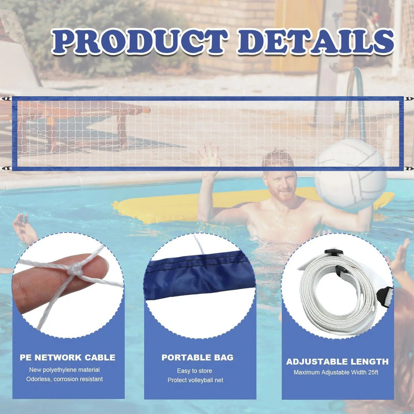 Portable Pool Volleyball Net 15x3FT – Heavy Duty Nylon