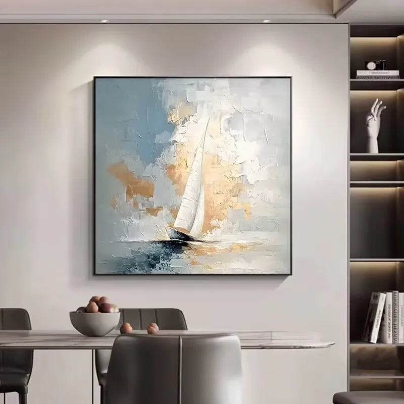 Sea Sailboat Abstract Art Oil Painting Handmade Canvas Hanging Poster Modern Decorative Mural For Living Room Bedroom Restaurant Peaceful Pleasures Health and Wellness no frame 80cmx80cm