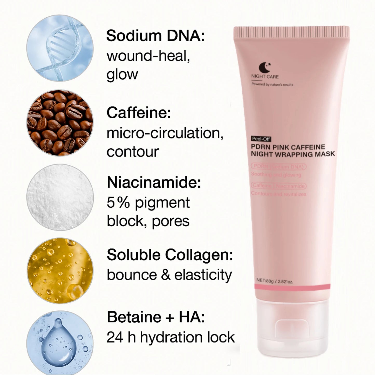 PDRN Caffeine Night Wrapping Peel Off Facial Mask for Firming, Depuffing& Hydration Salmon DNA + Caffeine + Collagen For Refined Peaceful Pleasures Health and Wellness