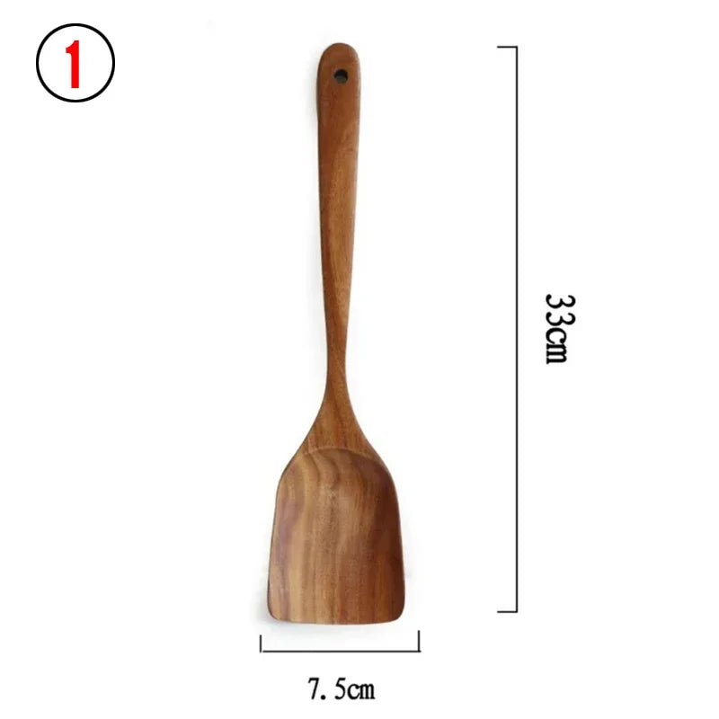 7pcs/set Teak Natural Wood Tableware Spoon Ladle Turner Rice Colander Soup Skimmer Cooking Spoon Scoop Kitchen Reusable Tool Kit Peaceful Pleasures Health and Wellness 1
