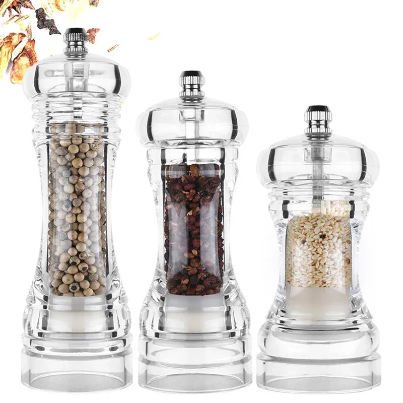 Acrylic Combo Pepper Mill & Salt Shaker | Adjustable Ceramic Grinder, Clear Transparent Body