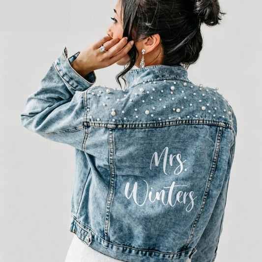 Personalized Mrs Denim Jacket with Pearl | Bridal Gift Bridal Denim Jacket Peaceful Pleasures Health and Wellness