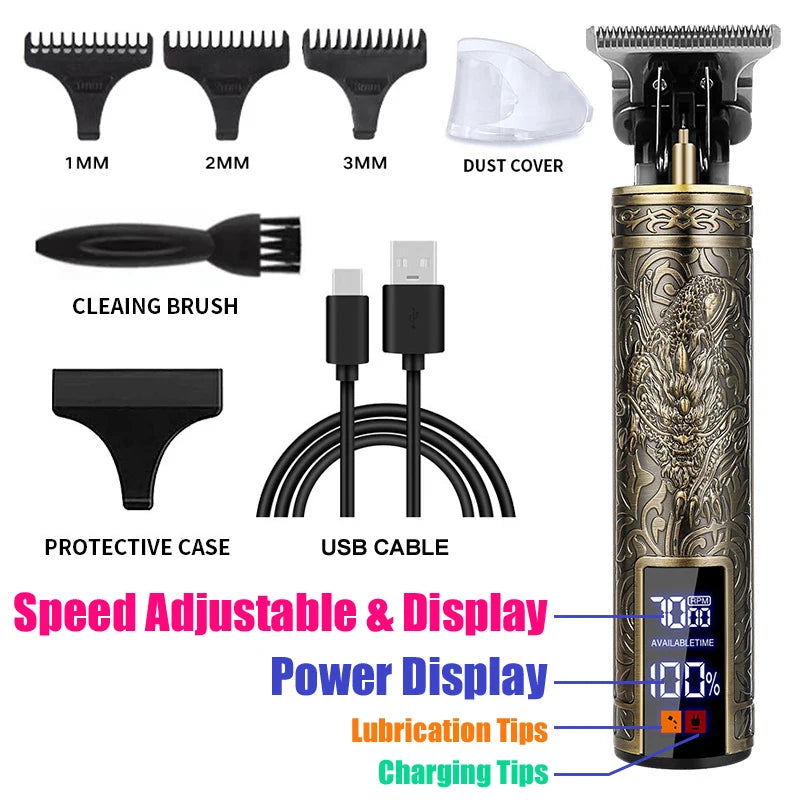 T9 Hair Trimmer or Men Barber Large Capacity Battery Power Display Hair Cutting Machine Fork Barber Men's Shaving Machine Peaceful Pleasures Health and Wellness 068-Dragon