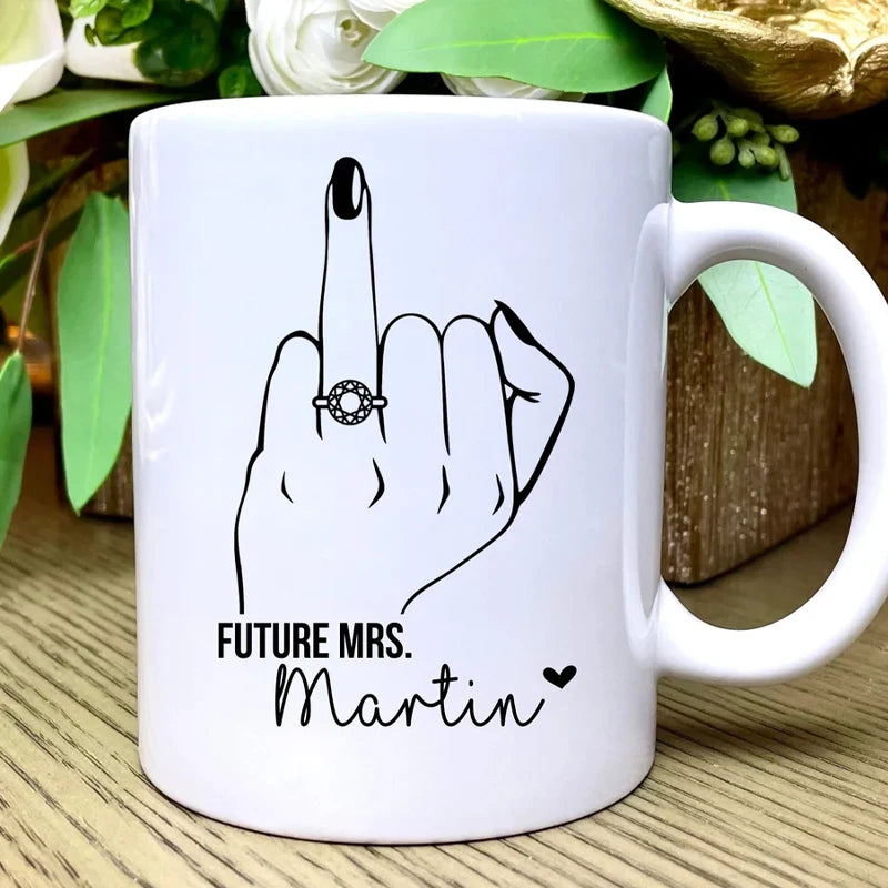 Personalized Name Future Mrs Ring Finger Mug Wedding Bachelorette Party Bridal Shower Decoration Supplies Custom Name Fiance Cup Peaceful Pleasures Health and Wellness