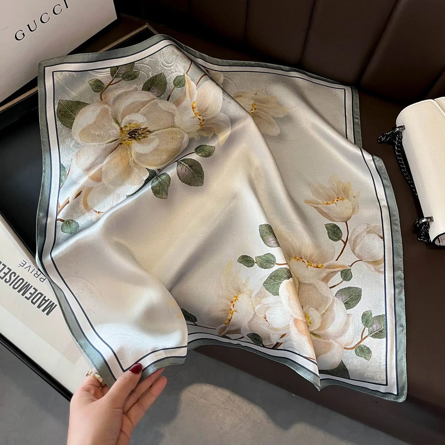 100% Mulberry Silk Lotus Floral Scarf – Women's Versatile Accessory