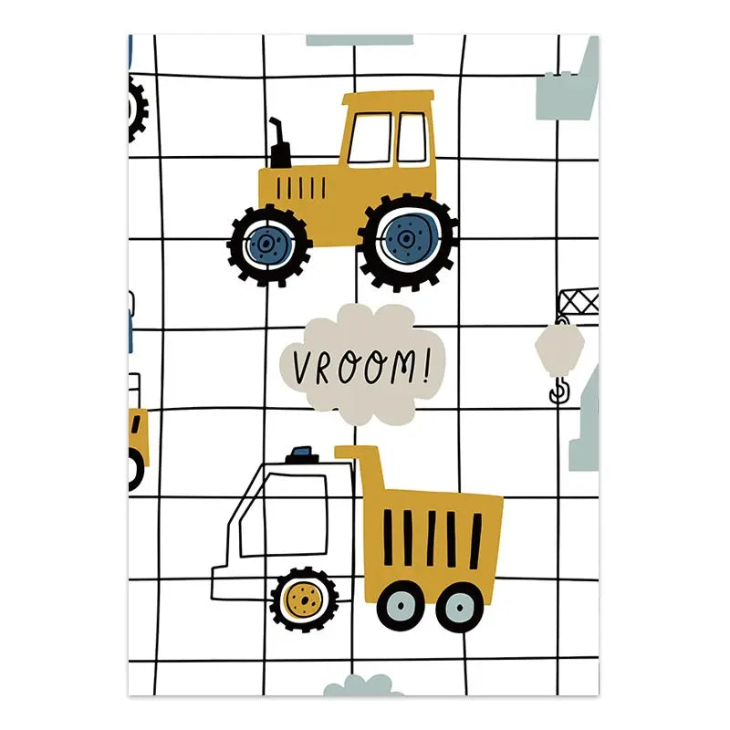 Cartoon Construction Vehicles Canvas Wall Art | Boys Nursery
