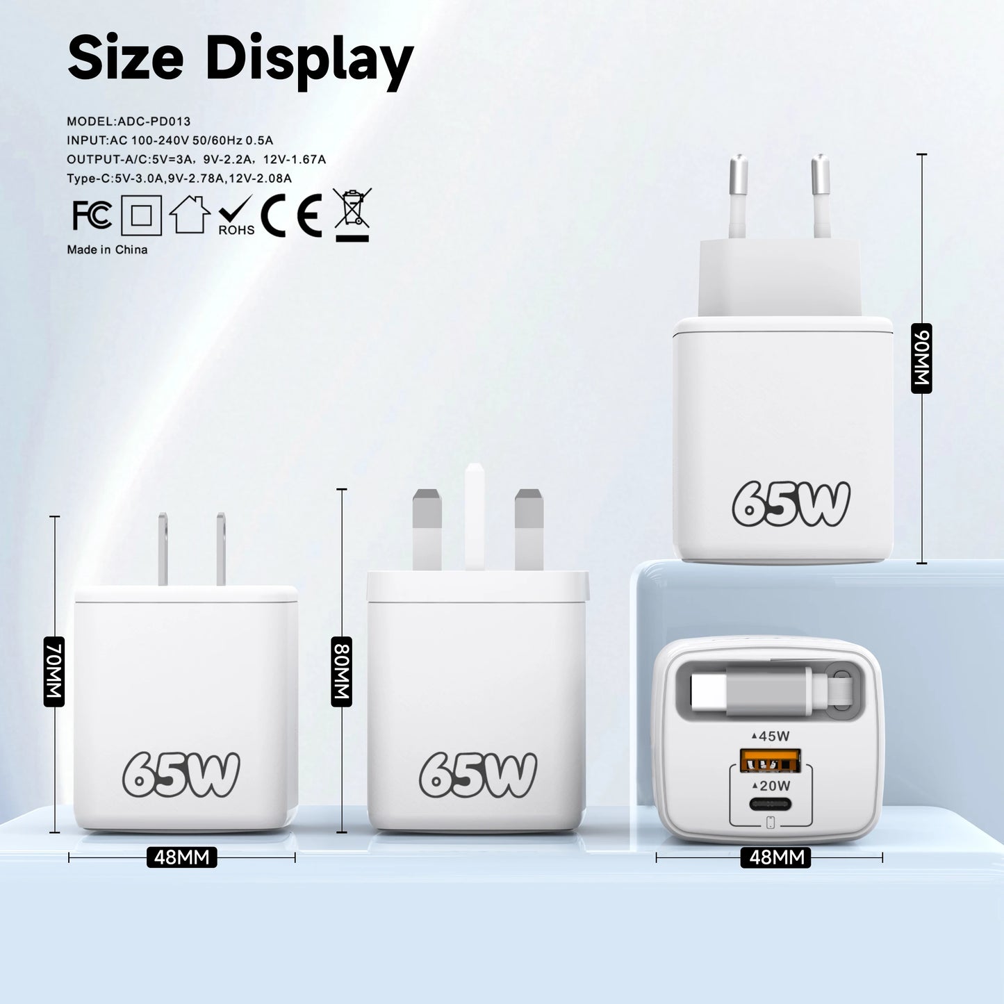 65W 3-in-1 USB-C Fast Wall Charger PD Quick Charge