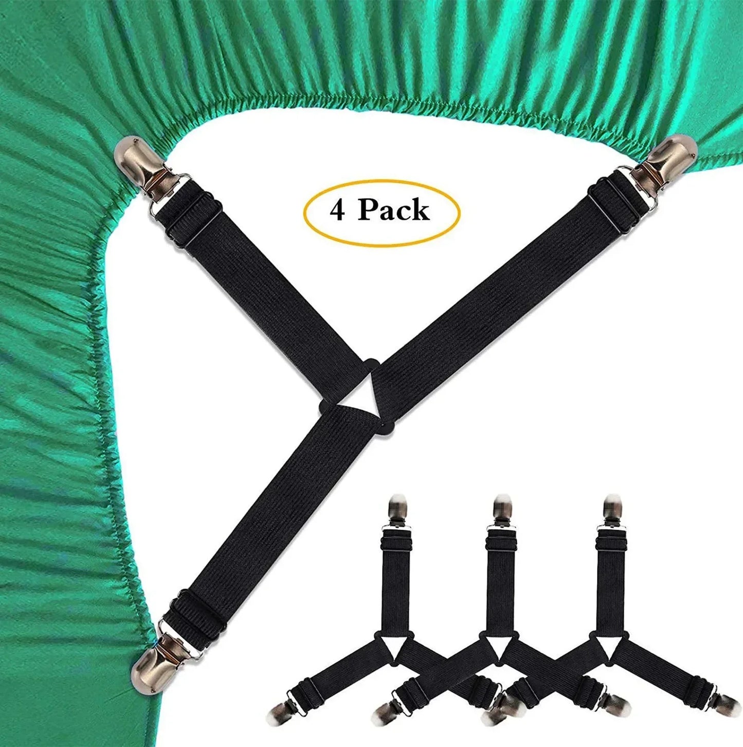 4-Pack Elastic Bed Sheet Holder Straps – 3-Way Corner Clips
