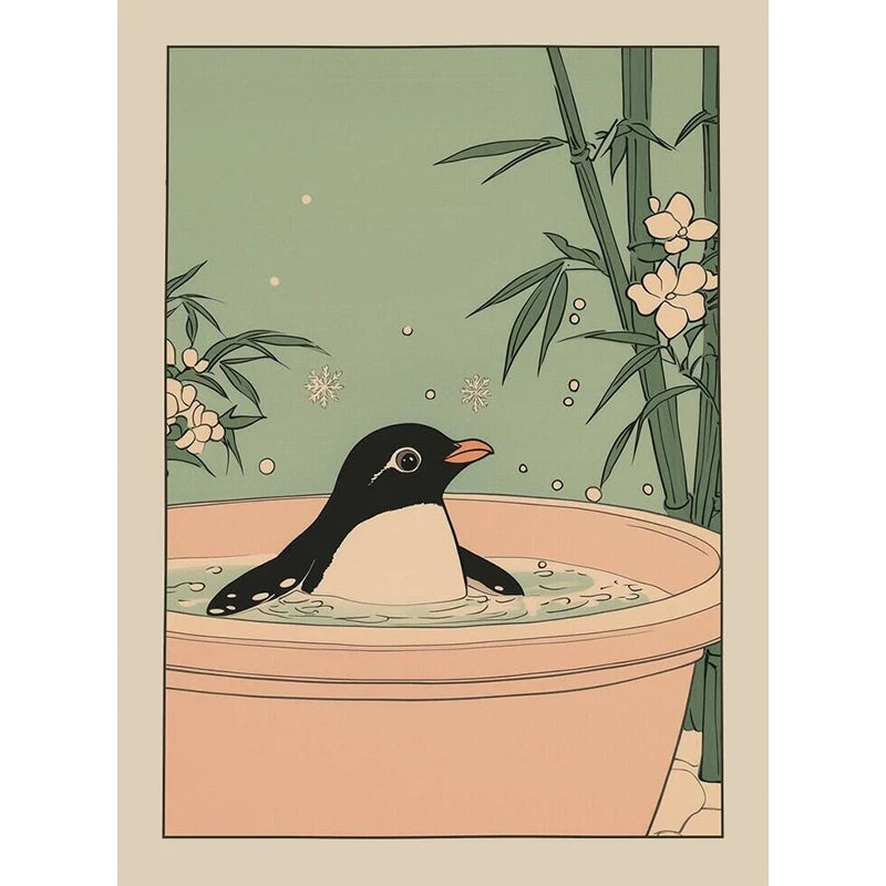 Japanese Cute Animals Bathtub Canvas Wall Art | Bathroom Decor