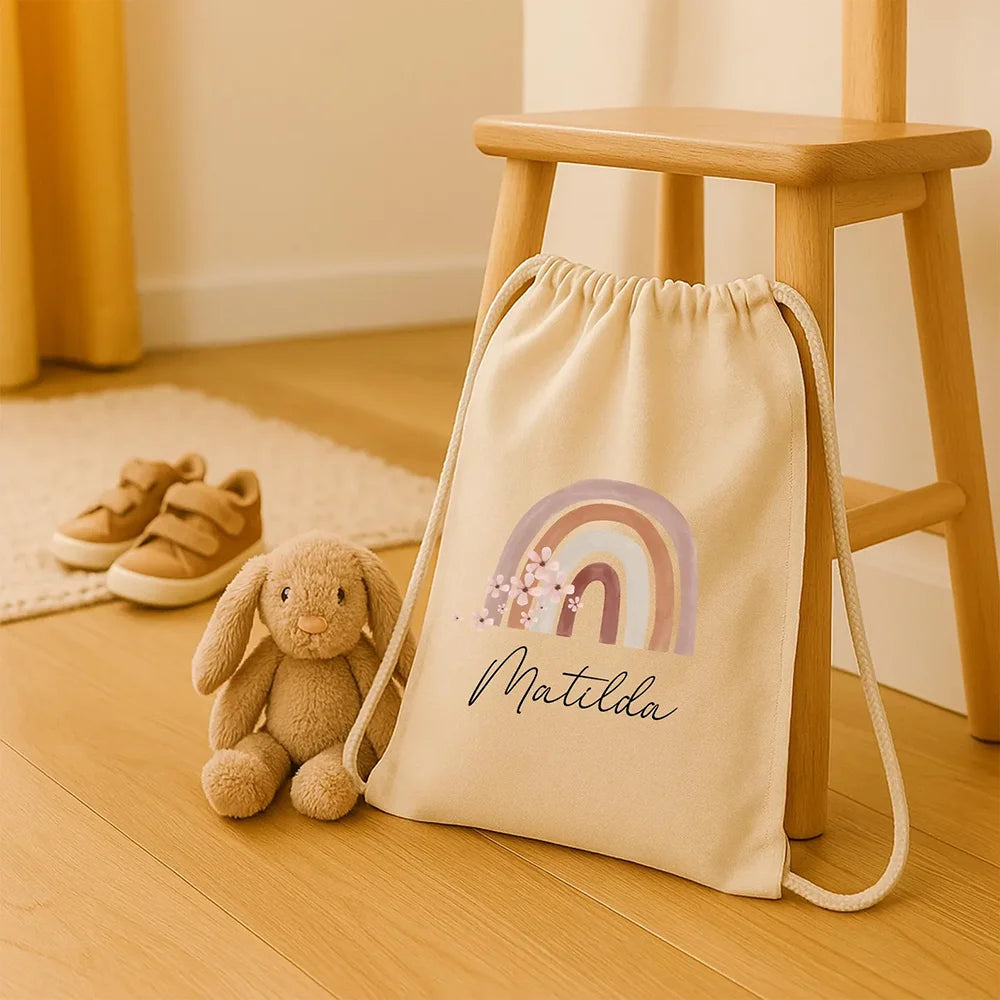 Personalized Kids Rainbow Drawstring Gym Bag | Custom Name Gift Kids Drawstring Backpack Peaceful Pleasures Health and Wellness