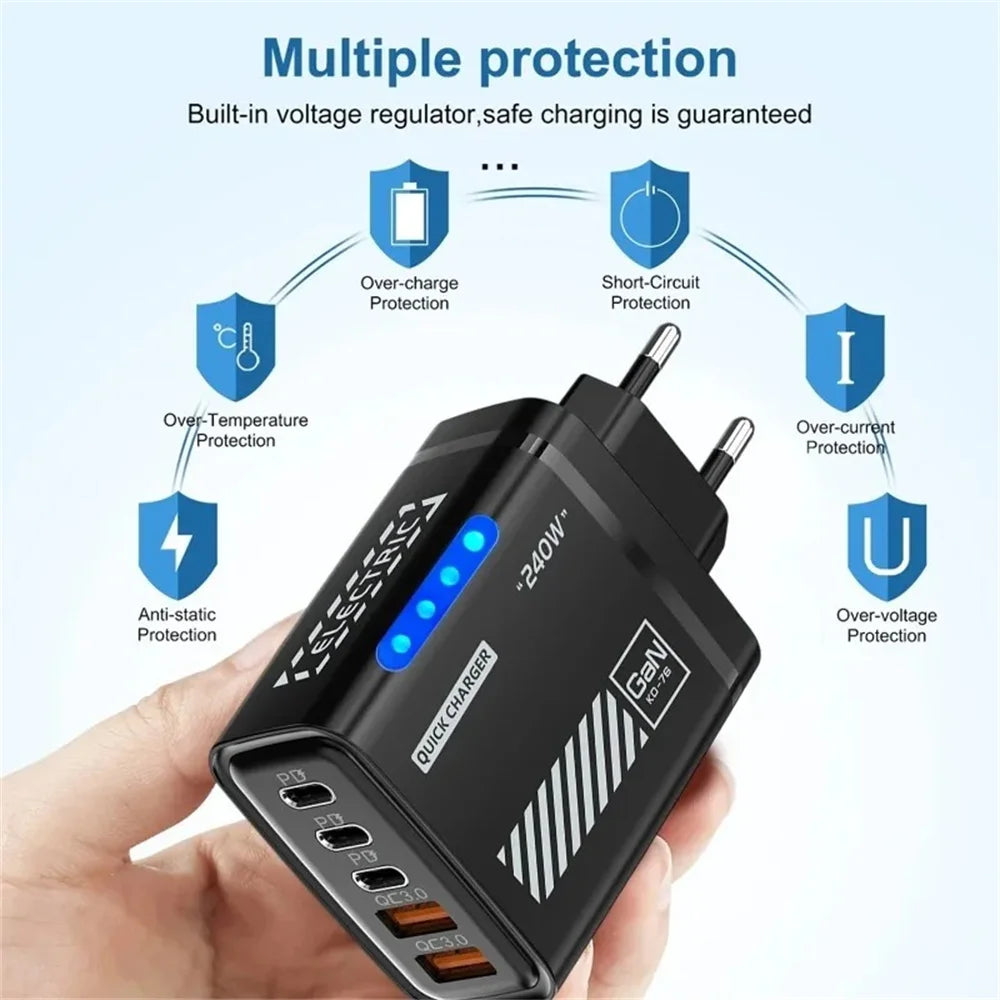 5-in-1 GaN 240W Desktop Fast Charger | 3 PD + 2 USB Ports