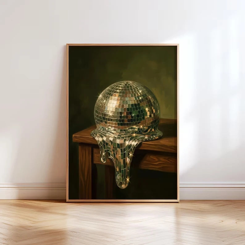Retro Green Melting Disco Ball Canvas Wall Art Print Poster