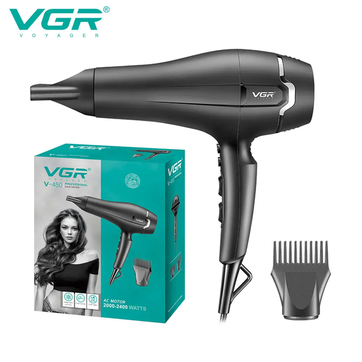 VGR V-450 Professional Hair Dryer with Diffuser & Concentrator