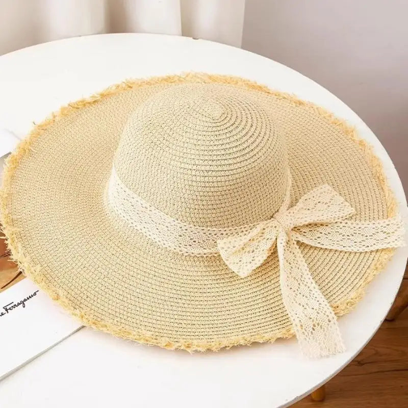 Women's Oversized Bow Straw Sun Hat – UV Protection Beach Hat