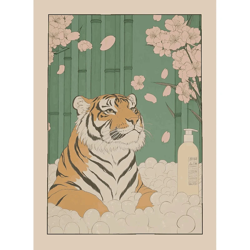 Japanese Cute Animals Bathtub Canvas Wall Art | Bathroom Decor