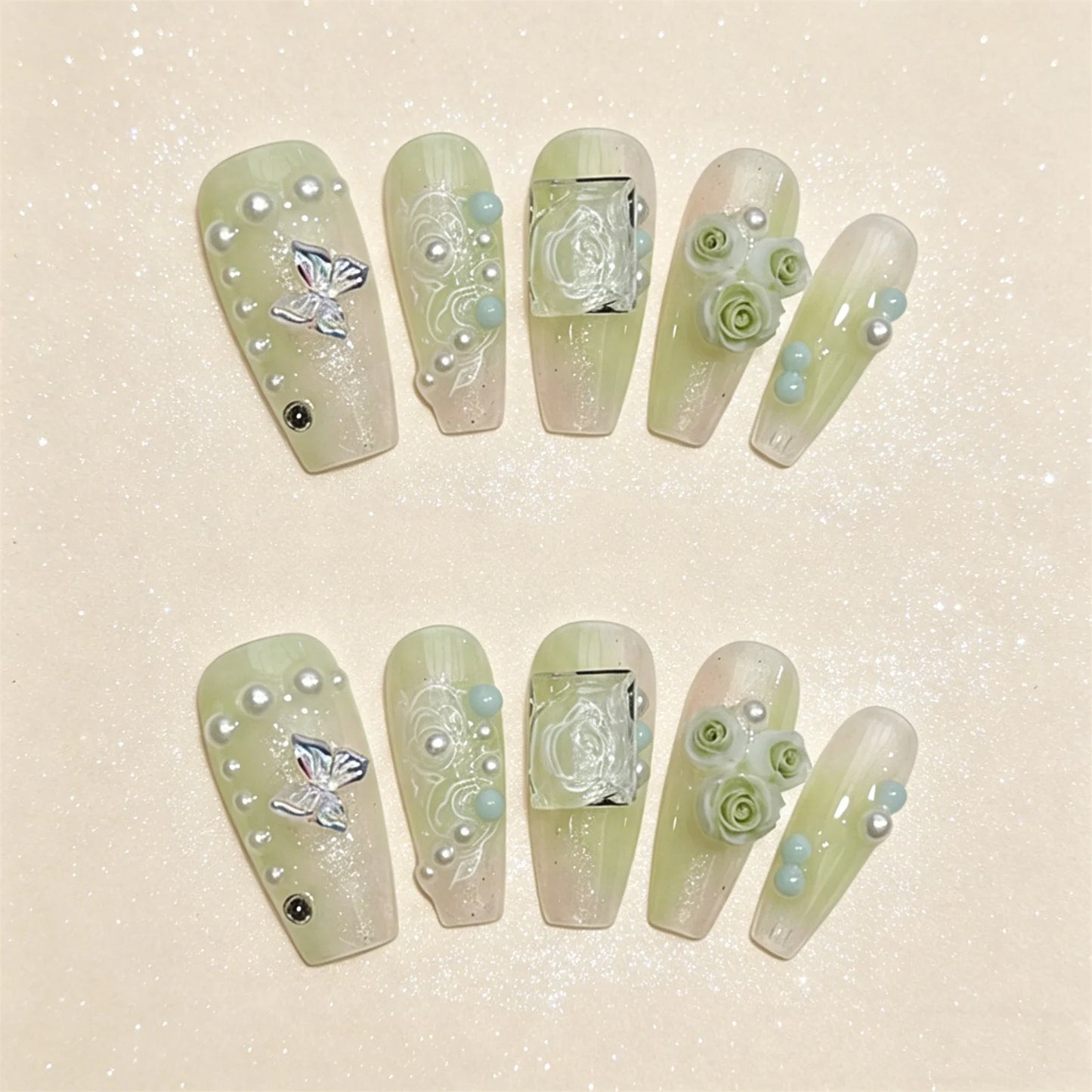 3D Rose Aurora Butterfly Press On Nails – 10pc Clear Green Set