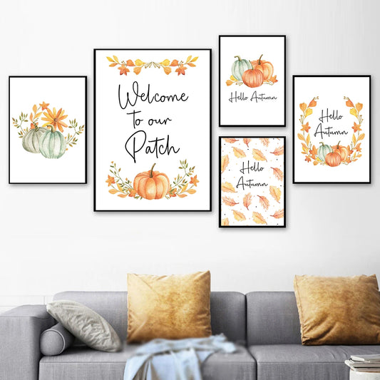 Hello Fall Autumn Pumpkin Canvas Wall Art | Unframed Print Canvas Wall Art Peaceful Pleasures Health and Wellness