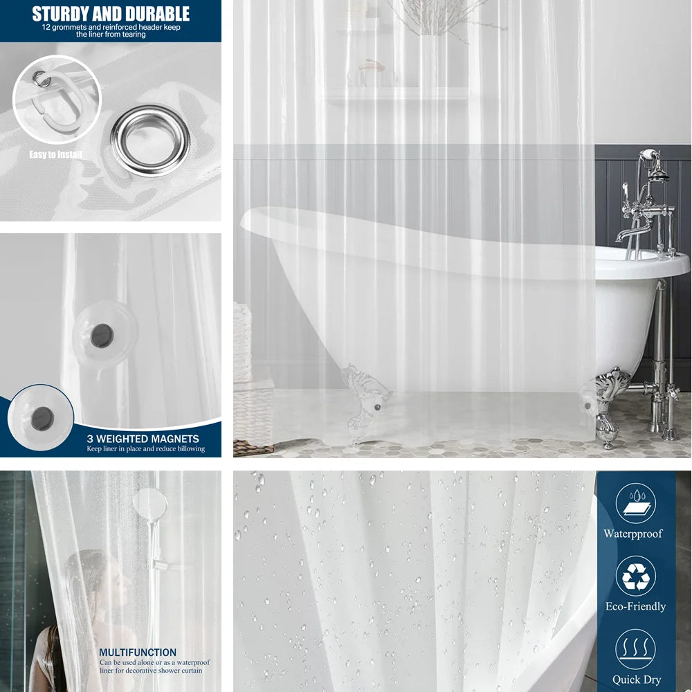 Clear Shower Curtain Waterproof White Plastic Bath Curtains Liner Transparent / Pink Bathroom Mildew PEVA Home Luxury with Hooks Peaceful Pleasures Health and Wellness