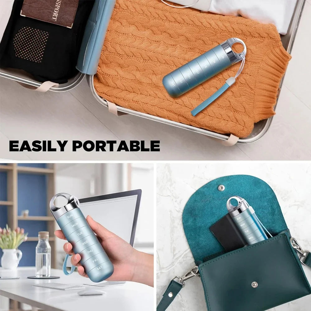 Portable Travel Pill Box Metal 7 Day Pill Case Organizer Waterproof Aluminum Alloy Travel Pill Case Container for Vitamins Peaceful Pleasures Health and Wellness