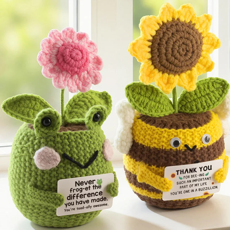 Handmade Crochet Frog Bee Plant Pot Doll | Desk Ornament Gift