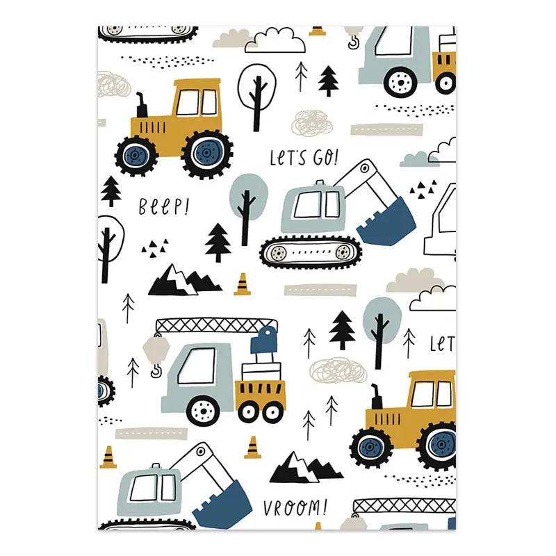 Cartoon Construction Vehicles Canvas Wall Art | Boys Nursery