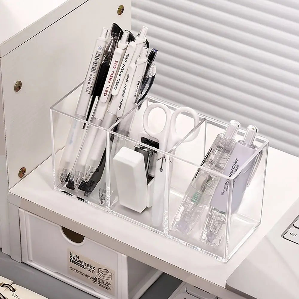 Desk Stationery Storage Pen Holder Transparent 3 Grids Pen Storage Box INS Style Large Capacity Pencil Container Students Peaceful Pleasures Health and Wellness