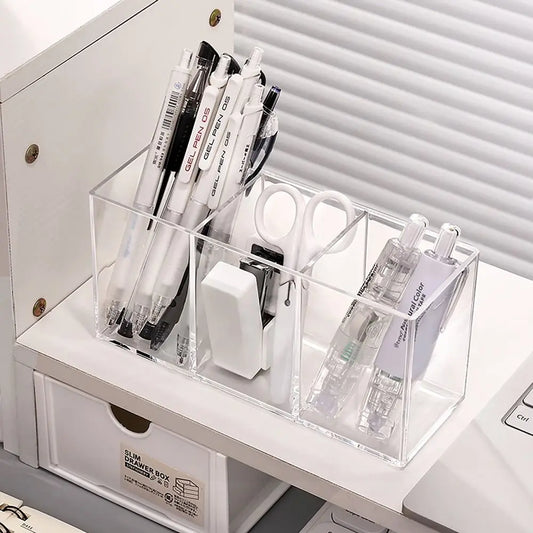 Desk Stationery Storage Pen Holder Transparent 3 Grids Pen Storage Box INS Style Large Capacity Pencil Container Students Peaceful Pleasures Health and Wellness