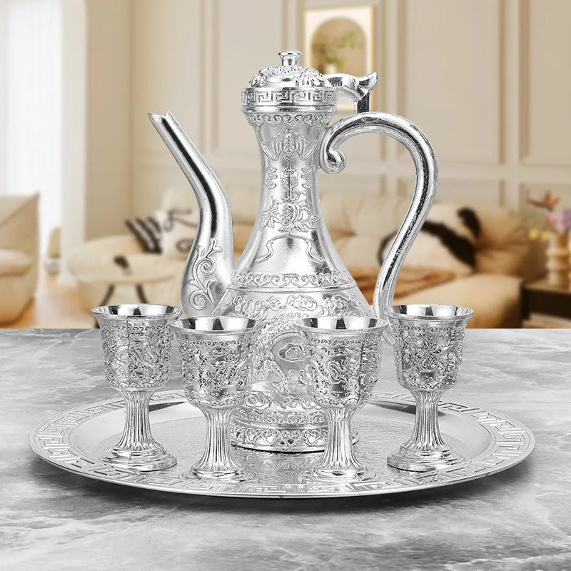 6 Pcs set Dragon and Phoenix Wine Set Tea Pot Home Party Decorative With 4 Cup Set Coffee Tea Serving Pot With Round Shaped Tray Peaceful Pleasures Health and Wellness silvery